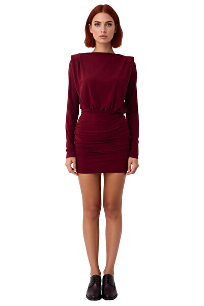 PayBuy V Shoulder Pad I D Draped Bodycon Winter Mini Dress for Women Smart Stylish Boat Neck Long Sleeve Knitted