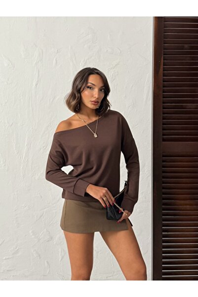 Look Forward Γυναικεία μπλούζα με μακρύ μανίκι από ύφασμα καφέ interlock