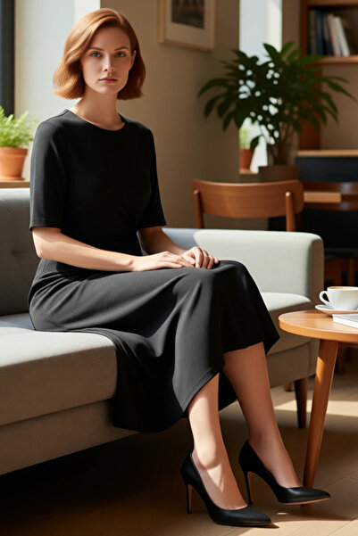 PayBuy A Line Cut B Ruched Detail Black Knitted Midi Dress for Women 100% Cotton Comfort Quality