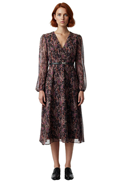 PayBuy Women's Double-Breasted Collar Chiffon Midi Dress Abstract Patterned Belted Long Balloon Sleeve Skater Pattern Model