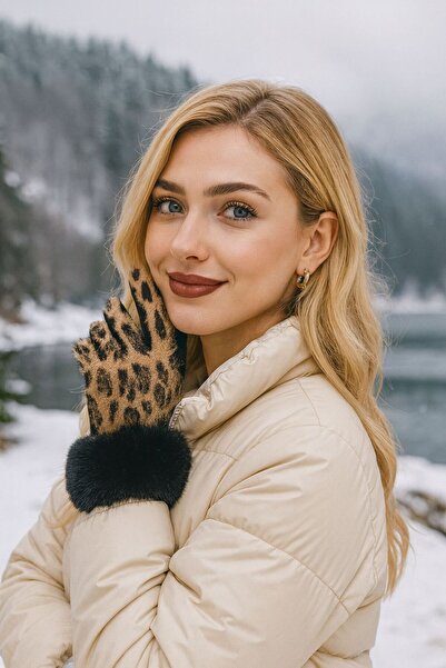 Axesoire 14794 Bileği Kürklü Leopar Desenli Vizon Eldiven