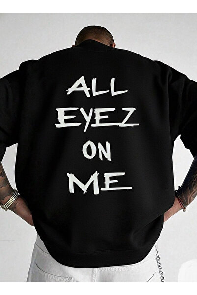 LORVEX Men's Oversized Crew Neck Black Sweatshirt All Eyez on Me Back Printed