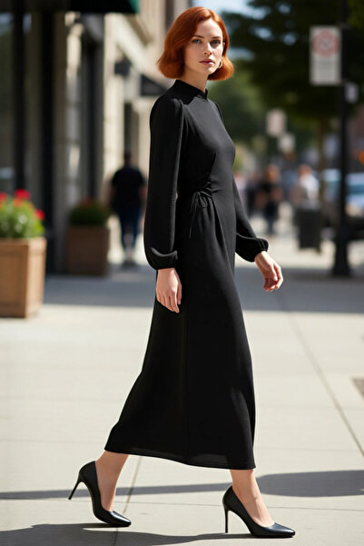 PayBuy فستان نسائي أنيق ومريح بياقة عالية وتفاصيل بريطانية باللون الأزرق الدا...