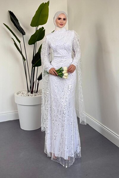 MERVEN AKYÜZ Eloria Pelerinli Boncuk İşlemeli Abiye Beyaz