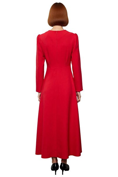 PayBuy Women's Red Woven Skater Dress Long Sleeve Crew Neck Maxi Length Ideal for Casual Stylish Wear