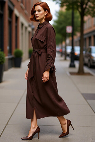 PayBuy فستان نسائي طويل بحزام وياقة قميص منسوجة وأكمام طويلة مطاطية، تصميم يو...