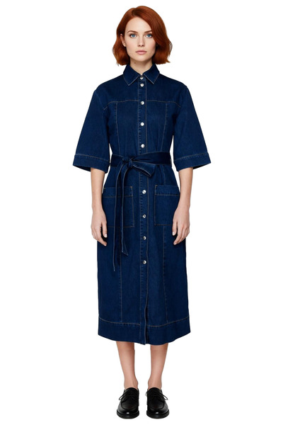 PayBuy 100% Cotton Blue Denim Maxi Dress with Belt for Women Shirt Collar Short Sleeve Stylish and Comfortable