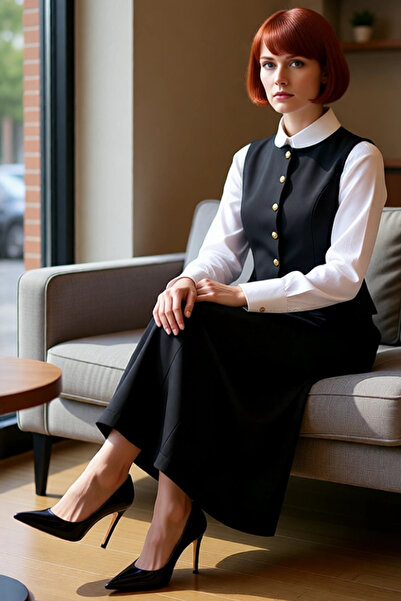 PayBuy Women's Black Gold Button Detailed Maxi Jile Dress Woven Fabric Crew Neck Sleeveless Shift Fit Casual