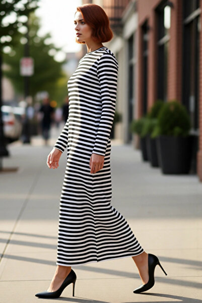 PayBuy Γυναικείο φόρεμα Shift Mold Maxi με μακρύ μανίκι με ριγέ πλεκτό κουμπί με λεπτομέρεια ψηλός λαιμός Casual Elegance