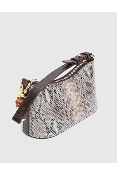 İLVİ Roomy Genuine Snake Printed Leather Beige Women's Shoulder Bag