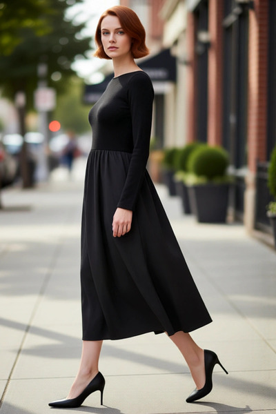 PayBuy Kadın Skater Kalıp Uzun Kollu Kayık Yaka Maxi Boy Örme Dokuma Kışlık E...