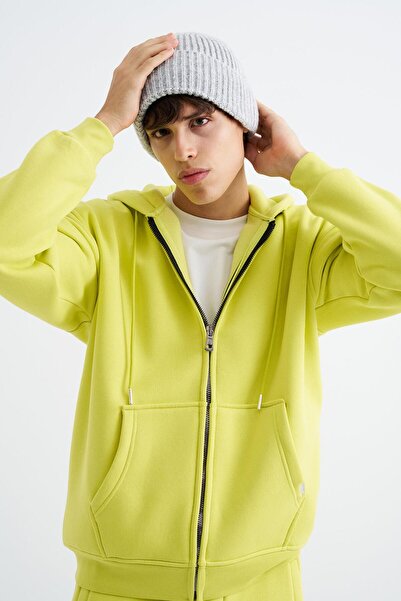 Machinist Oversize Fermuarlı Cepli Kapüşonlu Basic Sweatshirt NEON YELLOW