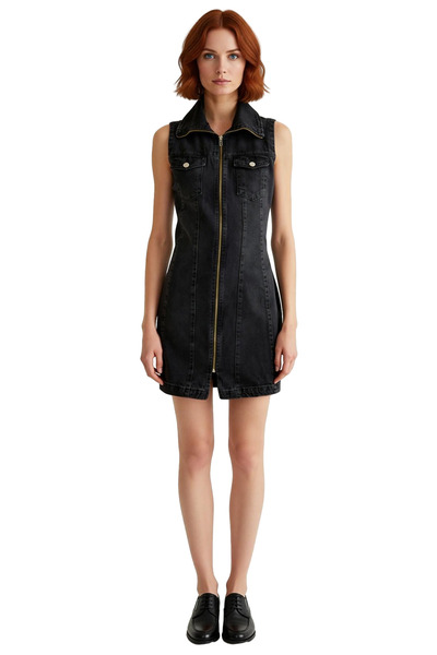 PayBuy Women's Sleeveless a Line Cut Mini Denim Dress Mock Neck Zipper Detail 100% Cotton Casual Style
