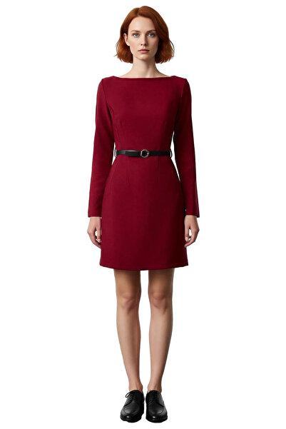 PayBuy Kadın A Kesim Kayık Yaka Uzun Kollu Kemer Detaylı Dokuma Mini Elbise İlkbahar Sonbahar Ofis Şıklığı