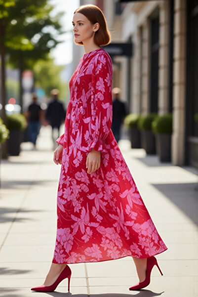 PayBuy فستان ماكسي نسائي منسوج بنقشة الزهور باللون الأحمر بأكمام طويلة قابلة ...