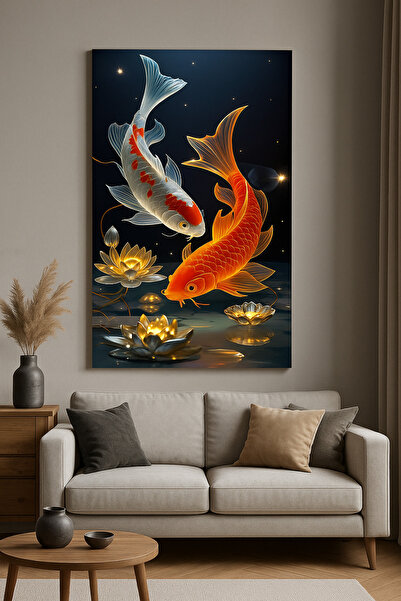BLT DİZAYN Altın ve Gümüş Koi Balıkları – Feng Shui Bereket ve Huzur Temalı Cam Tablo (Lotus Işıltısı)