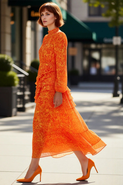 PayBuy Kadın Çiçekli Balon Kol Maxi Boy Eteği Fırfırlı Astarlı Dokuma Şifon E...