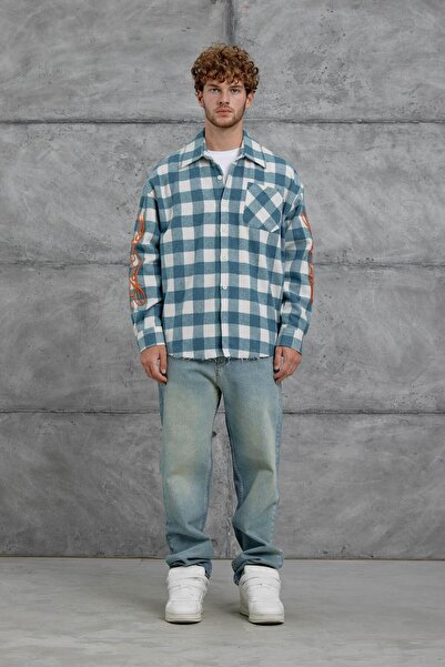 NOMARC Πουκάμισο Oversize Ξυλοκόπος με Κεντημένο Μανίκια Τυρκουάζ Nmrc