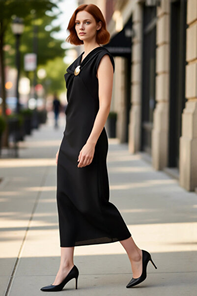 PayBuy فستان نسائي متوسط الطول بياقة ديجاجي مع تفاصيل إكسسوارات، تصميم أنيق و...