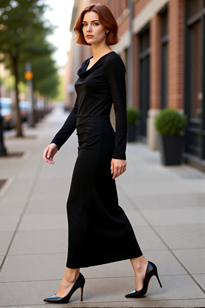 PayBuy فستان نسائي طويل ضيق بياقة ديكور ورباط، منسوج سميك بأكمام طويلة، أنيق ...