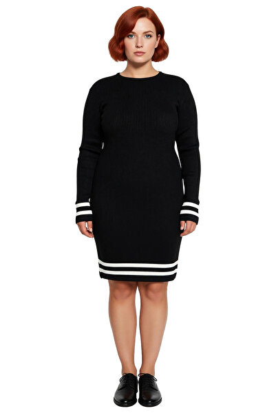 PayBuy Kadın Bodycon Kesim Fitilli Triko Kazak Elbise Çizgili Detaylı Bisiklet Yaka Uzun Kollu Stil