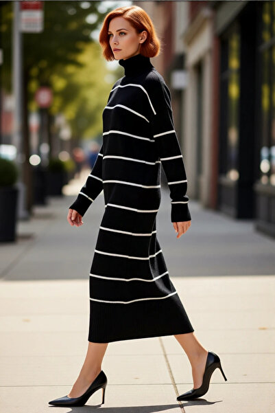 PayBuy فستان نسائي تريكو بياقة عالية وخطوط مخططة وأكمام طويلة، ضروري لفصل الشتاء، ذو جودة عالية