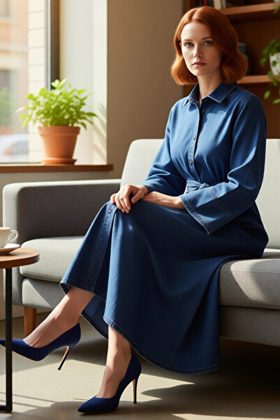 PayBuy Women's Belted Maxi Length 100% Cotton Denim Shirt Dress Long Angel Sleeve Collar Casual Style