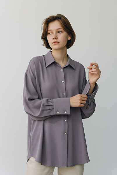 Zafira Conception Zafira Oversize Taş Düğmeli Lavanta Gömlek – Feminen & Zarif Dokunuş