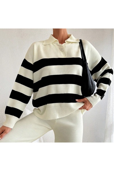 STF MODA Shirt Collar Single Button Striped Knitwear Set