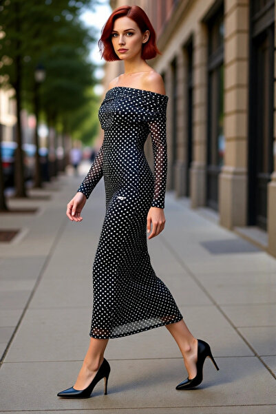 PayBuy Kadın Balık Kesim Puantiyeli Carmen Yaka Maxi Boy Astarlı Elbise Şık Gece Davetleri İçin İdeal.