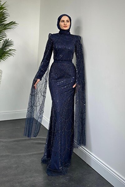 MERVEN AKYÜZ Eloria Pelerinli Boncuk İşlemeli Abiye Lacivert