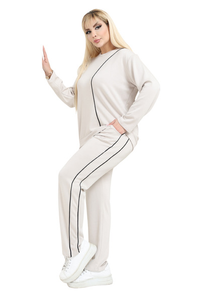 MELSAY Γυναικείο Σετ Φόρμας Modal με λεπτομέρεια σε γραμμή εκρού μεγάλου μεγέθους