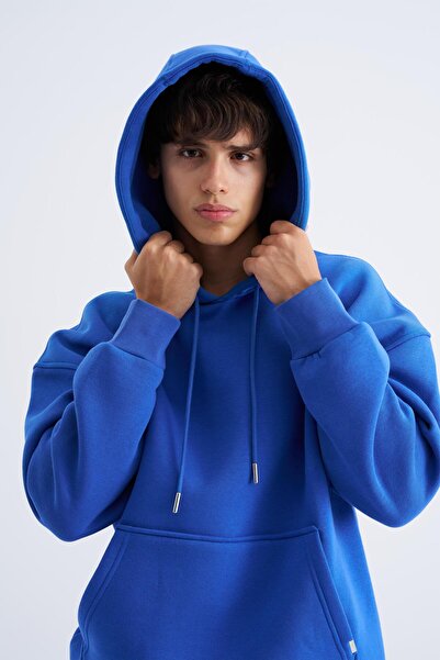 Machinist Erkek Basic Kapüşonlu Oversize Saks Sweatshirt
