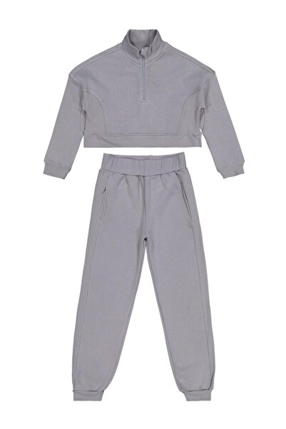 Civil Girls Zipper Detailed 10-13 Years Old Tracksuit Set - Gray 11-12 Years Old