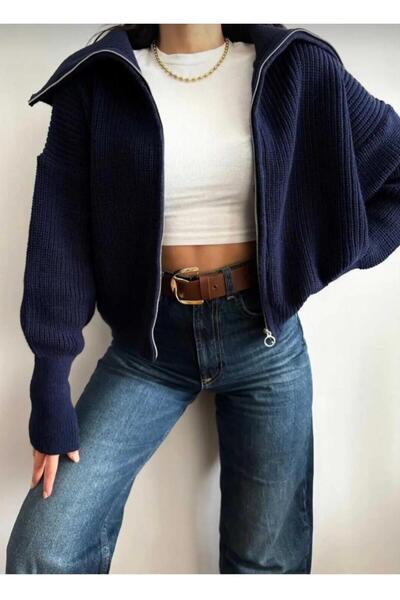 STF MODA DEVRİK YAKA LACİVERT FERMUARLI HIRKA