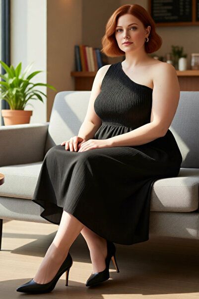 PayBuy Women's Maternity Plus Size Asymmetrical Neckline One Sleeve Crinkle Woven Midi Length Summer Dress Good Quality