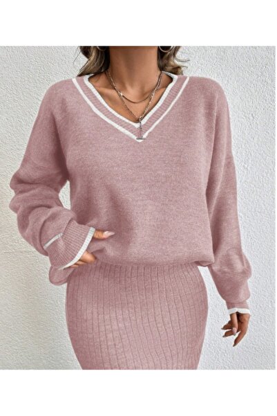 STF MODA Striped V-Neck Knitwear Set with Skirt for Women