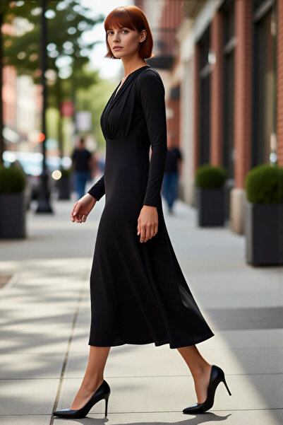 PayBuy فستان ماكسي أسود أنيق محبوك للنساء بياقة على شكل V عميقة مع تفاصيل مشب...