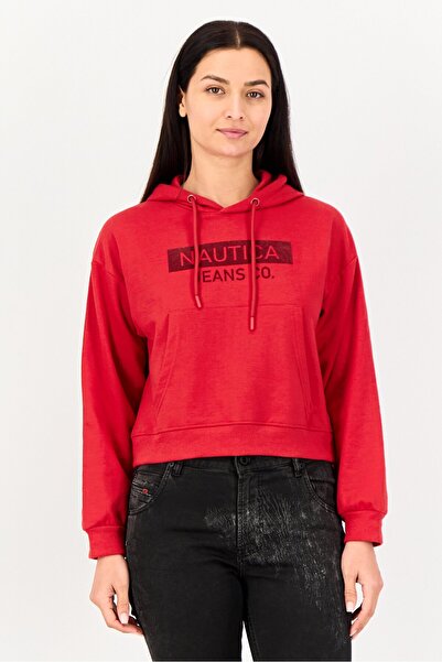 Nautica Women Brand Logo Long Sleeves Hooded Sweatshirt, Red