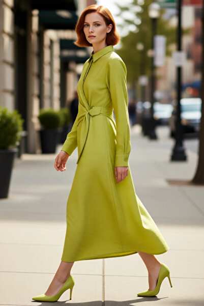 PayBuy فستان نسائي طويل بقصة A-line مع ياقة قميص وأكمام قياسية وتفاصيل ربط عن...