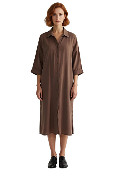 PayBuy Women's Modal Shirt Collar Solid Pattern Three Quarter Sleeve Buttoned Unlined Midi Length Dress Spring