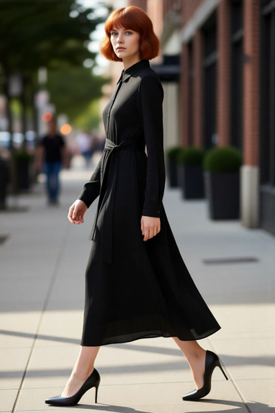 PayBuy Women's Plain Burgundy Shirt Collar Belted Midi Woven Dress Offers Modern Elegance Spring Autumn