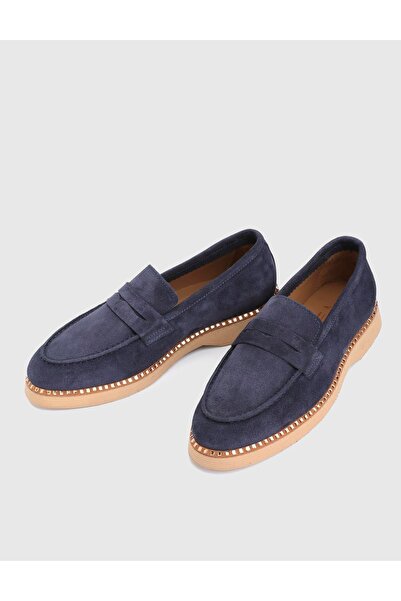 İLVİ Buckle Genuine Suede Leather Navy Blue Women's Loafer Shoes