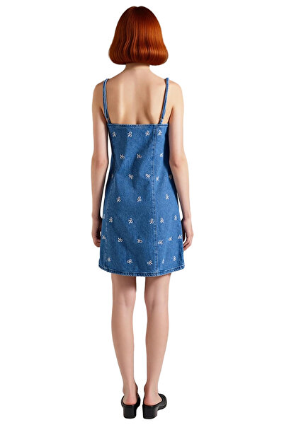 PayBuy Women's A-Line Denim Mini Dress Capture Elegance with Bow Detail Printed Square Neck Design Quality