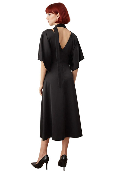 PayBuy Rochie midi skater cu detaliu eșarfă pentru femei, cu decolteu în V, mânecă liliac, din material tip stofă Postură nobilă Design elegant