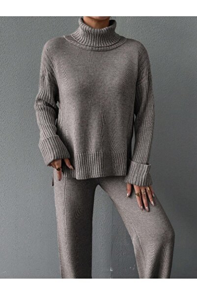 NEWCO Women's Corded Fabric Collar Hair Knit Patterned Side Slit Knitwear Set Anthracite