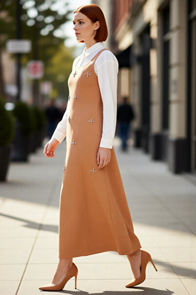 PayBuy Kadın Kare Yaka Taş İşlemeli Dokuma Jile Elbise Modern Şıklığı Her Ortama Taşıyan Stil Kaliteli