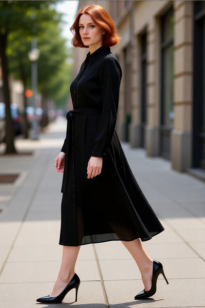 PayBuy فستان قميص متوسط الطول بتفاصيل حزام منسوج أسود للنساء، خيار أنيق ومريح...