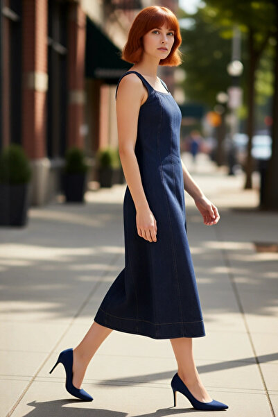 PayBuy Women's Strap Square Neck Bodycon Cut Midi Denim Dress Spring Autumn Casual Chic Quality