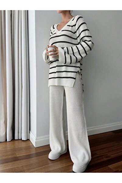 STF MODA طقم تريكو مخطط برقبة على شكل حرف V من سالونيك